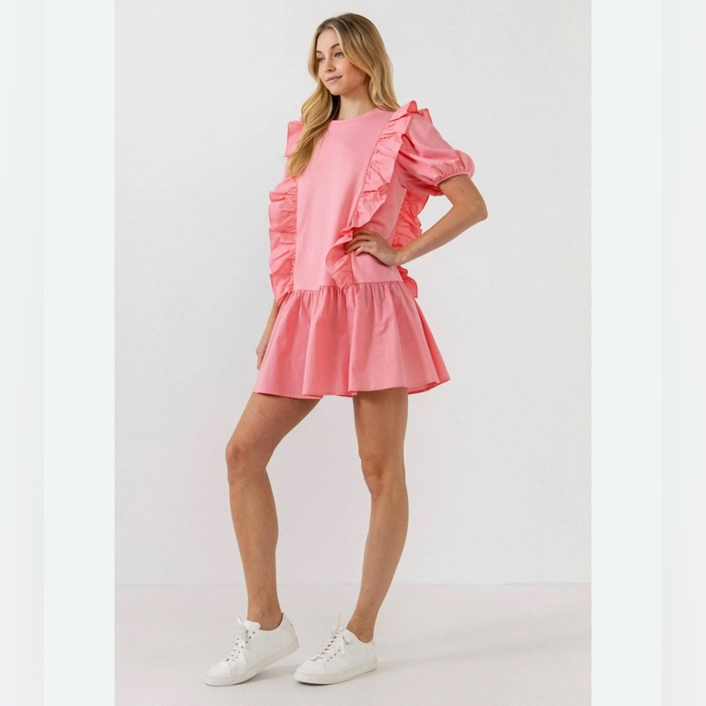 English Factory Pink Puff Sleeve Ruffle Detail Short Sleeve  Mini Dress Size L